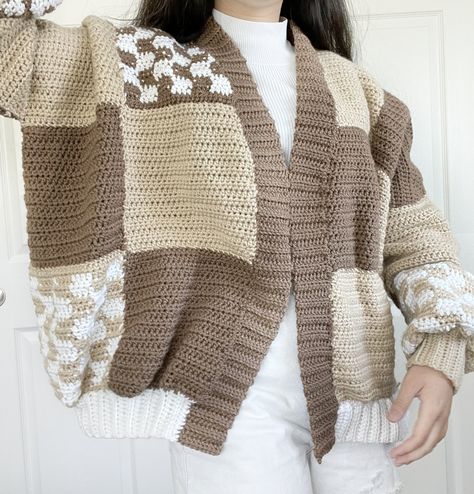 Brown Crochet Cardigan, Crochet Grandma, Crochet Brown, Patchwork Clothes, Fashion Knitting, Crochet Sweater Pattern, Patchwork Sweater, Patchwork Cardigan, Crochet Sweater Pattern Free