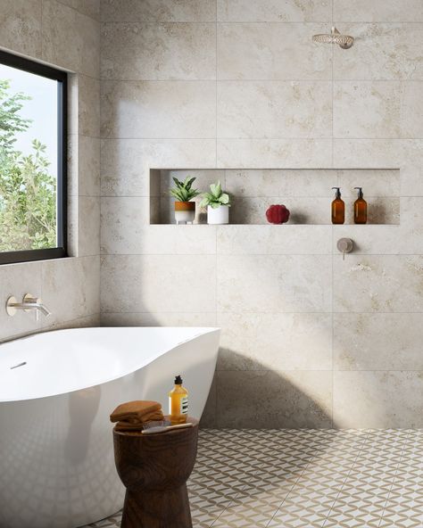 If a bathroom was inspired by "Golden Hour" it would look like our Desert Dreaming bathroom package 🌞 🏜️ Soft warm hues from our Travertine Ivory 300x600mm tile and playful patterns with our Contrasti Beige Marrakesh 200x200mm floor tiles.  Need design inspiration? Check out our complete bathroom packages! https://www.ambertiles.com.au/packages #amberhastheanswer