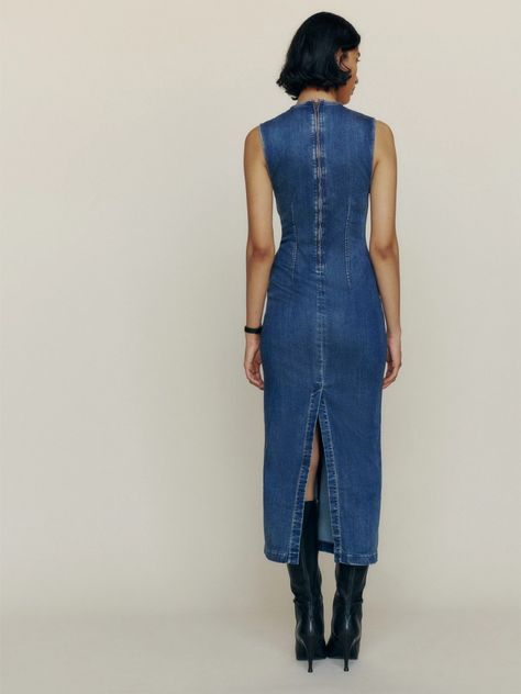 Denim Dress Outfit, Sustainable Denim, Color Jeans, Save The Earth, Column Skirt, Denim Midi Dress, Stretch Denim Fabric, Denim Patterns, Sleeveless Midi Dress