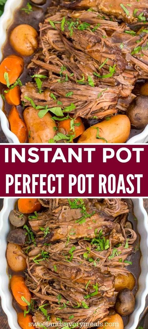 Best Instant Pot Pot Roast that is so tender it melts in your mouth, with perfect veggies that are not mushy at all. Served with thick and flavorful gravy. #potroast #instantpot #instantpotrecipes #sweetandsavorymeals #pressurecooking Instant Pot Roast, Perfect Pot Roast, Instant Pot Pot Roast, Pot Roast Recipe, Beef Pot Roast, Savory Meals, Best Instant Pot Recipe, Roast Recipe, Pot Roast Recipes