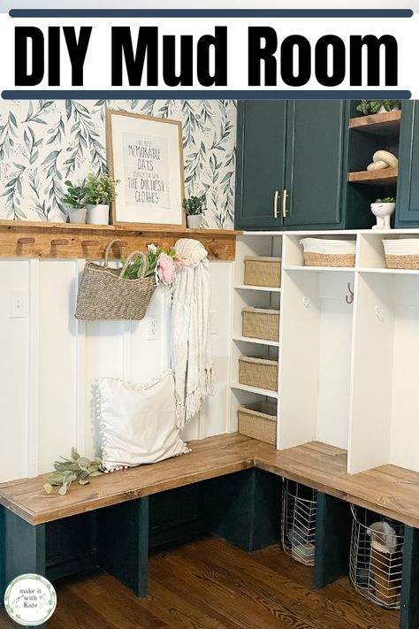 This DIY mudroom has a beautiful corner bench, lockers, cabinets, and a peg rail batten wall. See all of the tutorials and FAQs. #diymudroom #mudroombuild #mudroomstyling #homedecor Mud Room Shoe Rack, Study Shelving, Diy Corner Bench, Corner Hall Tree, Corner Bench With Storage, Mudroom Remodel, Mudroom Makeover, Peg Rail, Batten Wall