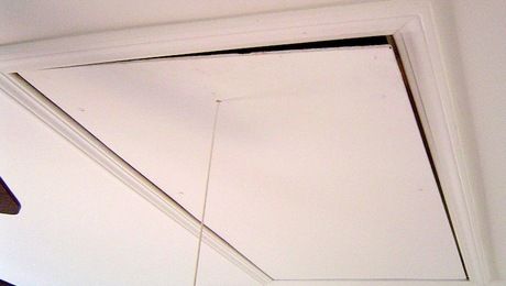 Hide Attic Door In Ceiling, Ceiling Attic Access Cover, Attic Door Ideas Pull Down, Attic Door Cover, How To Finish An Attic, Attic Door Insulation, Attic Access Door, Attic Stair Insulation, Attic Stair