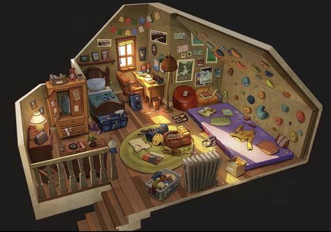 Feng Zhu Design, Interior Concept Art, Feng Zhu, Bedroom Drawing, Attic Room, Isometric Art, Sims House Design, Isometric Illustration, Perspective Art