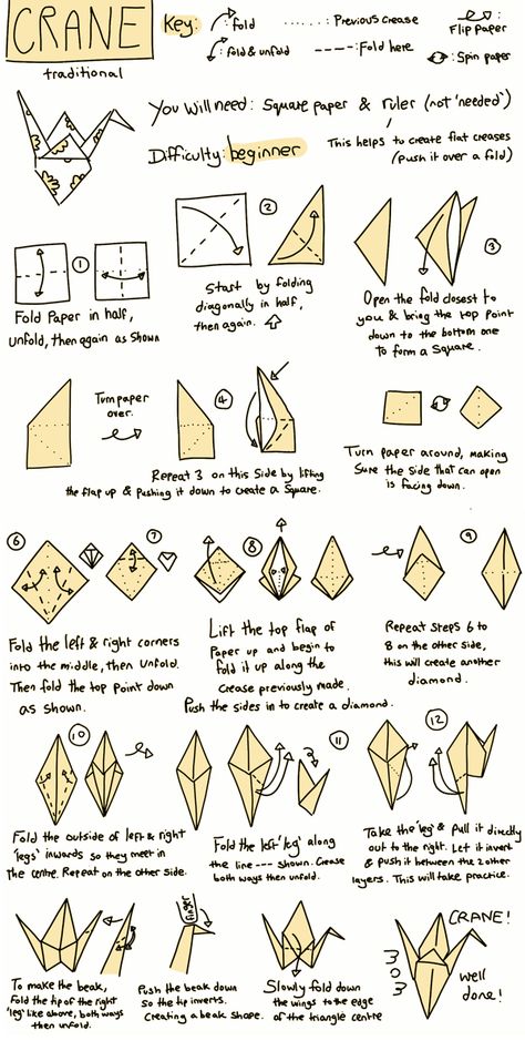 Origami Crane Instructions, How To Make A Paper Crane Easy, How To Make A Crane Origami, Step By Step Oragami, Origami Tutorial Easy Step By Step, Post It Note Origami Step By Step, Paper Crane Instructions, Oragami Ideas Cute Easy Step By Step, Origami Crane Step By Step