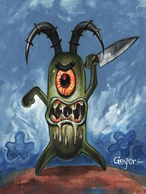 Drawing Ideas Spongebob, Spongebob Plankton, Evil Cartoon Characters, Plankton Spongebob, Spongebob Drawings, Two Eyes, Wallpaper Doodle, Canvas Painting Tutorials, Cartoon Monsters