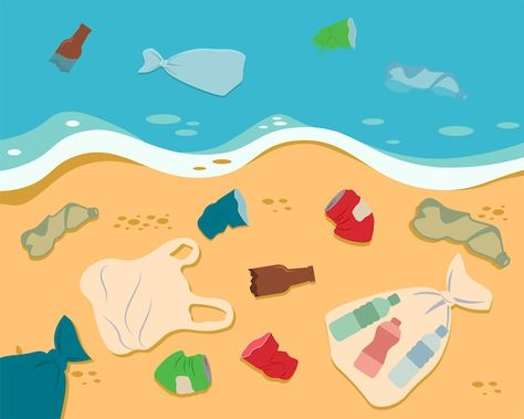 Dirty sea shore plastic trash rubbish on... | Premium Vector #Freepik #vector #rubbish #trash #plastic-pollution #environmental-pollution Sea Pollution Art, Trash On Beach, Kolaj Art, Trash Illustration, Rubbish Art, Beach Pollution, Turtle Eating, Ocean Trash, Ocean Poster