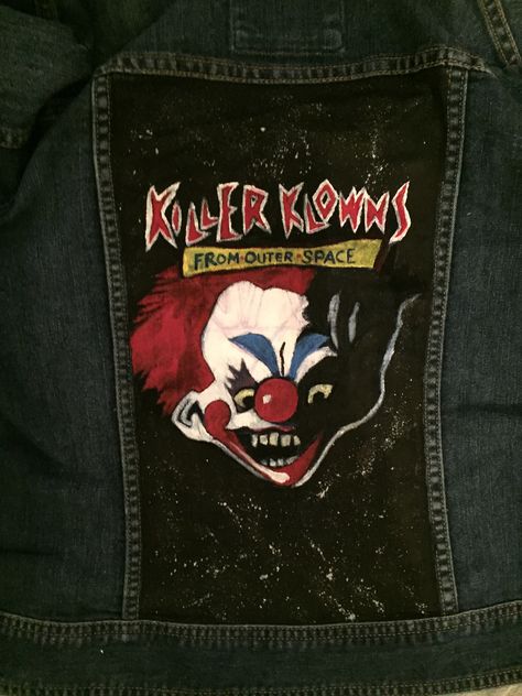 Horror Hoodie Ideas, Horror Jacket, Goth Jean Jacket, Horror Movie Patches, Horror Patches, Painted Denim Jacket, Painted Denim, Diy Clothing, Custom Painted