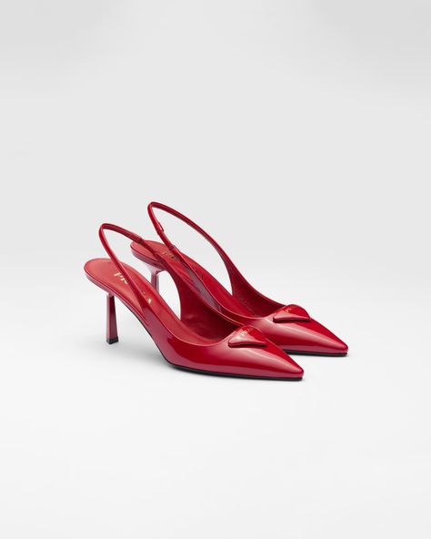 Cherry Red Patent Leather Slingback Pumps | PRADA Fall Fashion Shoes, Metal Lettering, Velvet Pumps, Kawaii Shoes, Accessories Bags Shoes, Red Pumps, Lettering Logo, Red Heels, Patent Leather Heels