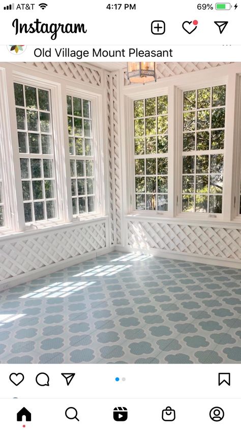 Lattice Sunroom, Lattice Ceiling Basement, Lattice Interior Wall, Lattice Mirror, Vintage Lattice Wallpaper, Green Lattice Wallpaper, Floor Detail, Cottage Houses, Lattice Wall