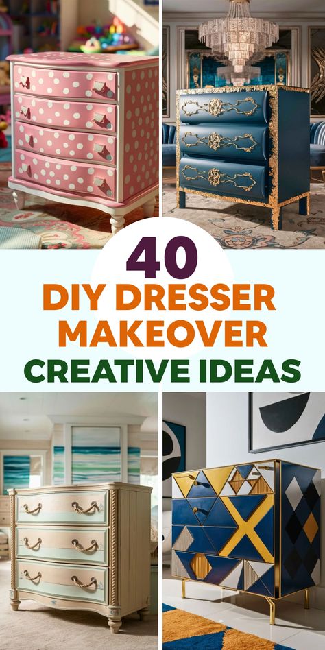 Discover inspiring DIY dresser makeover ideas to elevate your bedroom decor. Transform old furniture into stylish statement pieces with a fresh coat of paint, new hardware, or creative embellishments. These projects will breathe new life into your space and reflect your unique design aesthetic. Let's get creative and make your dresser the star of the room! Diy Dresser Makeover Ideas, Dresser Makeover Ideas, Stencil Dresser, Hand Painted Dressers, Dresser Refinish, Repurposed Dresser, Dresser Redo, Trending Crafts, Diy Dresser Makeover