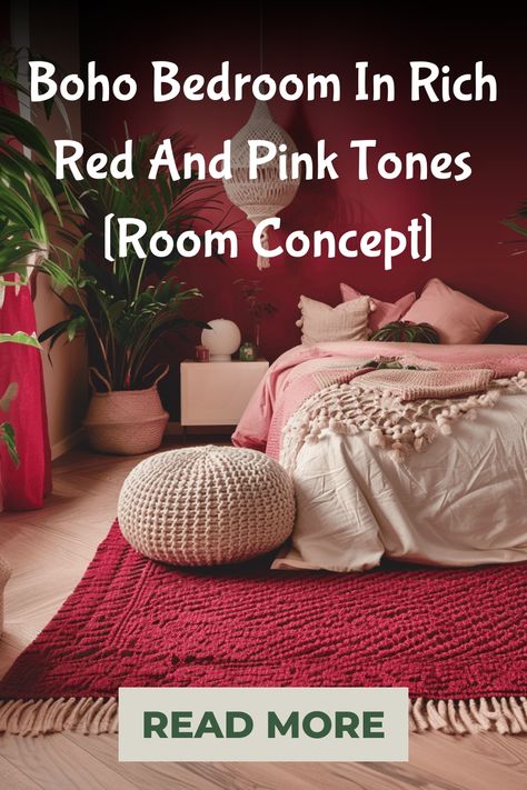 Design style: Boho Color scheme: Deep Red, Pink Materials: Woven textiles, cotton, wood, natural fibers Items of note: Macramé wall hangings, knitted poufs, lush indoor plants This image captures the essence of a Boho bedroom, characterized by its vibrant color palette of deep red and pink. Boho Color Scheme, Boho Bedroom Decor Ideas, Room Concept, Boho Interior Design, House Interior Design Styles, Bohemian Interior Design, Woven Textiles, Boho Color, Wallpaper Walls Decor