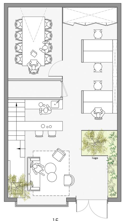 To make this workspace feel more cosy, Muxin looked to the decor of homes and combined warm materials with leafy green plants.