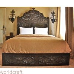 Spanish Colonial Bedroom, Carved Bed Frame, Lattice Headboard, Spanish Style Bedroom, Spanish Bedroom, Moroccan Bed, Carved Bed, Carved Beds, Handcrafted Bed