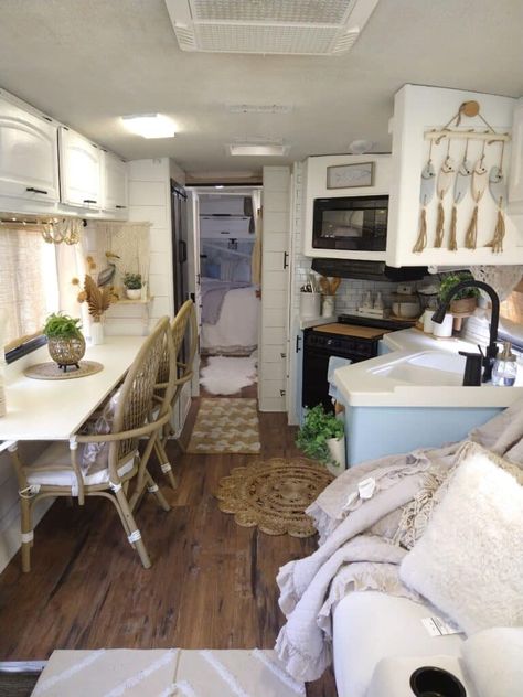 9 Beach Theme RV Bedrooms That Feel Like Coastal Camping Rv Bedroom Makeover, Beadboard Headboard, Bed Theme, Camper Organization Ideas, Camping Goals, Toilet Interior, Navy Blue Bedding, Rv Models, Camper Renovations