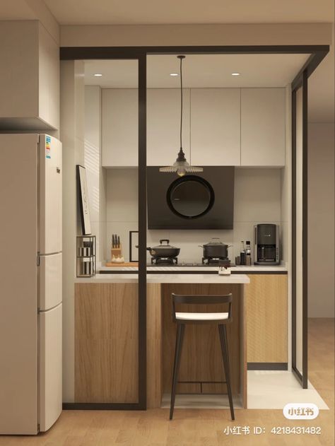 Tyni Apartment Ideas, Interior Design Minimalist Kitchen, Kitchen Set Minimalist, Japandi Kitchen, Mini Apartments, Open Kitchen And Living Room, Small Kitchen Cabinets, Small Apartment Kitchen, Condo Kitchen