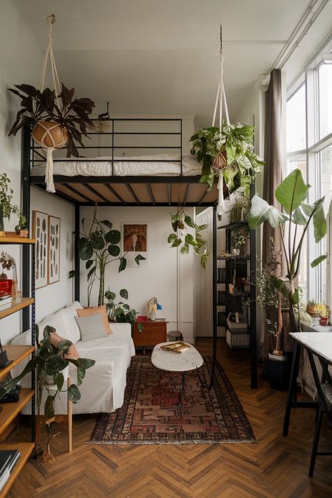 17 Studio Apartment Ideas to Make the Most of Every Square Foot - SavvyCollegeGirl Cozy Loft Decor, Tiny Studio Apartment Ideas Space Saving, Studio Flat Inspiration, Cozy Tiny Home Interior, 35m2 Apartment Design, Studio Apartment Clothing Storage, One Room Apartment Ideas Layout, High Rise Studio Apartment, Two Bedroom Apartment Ideas