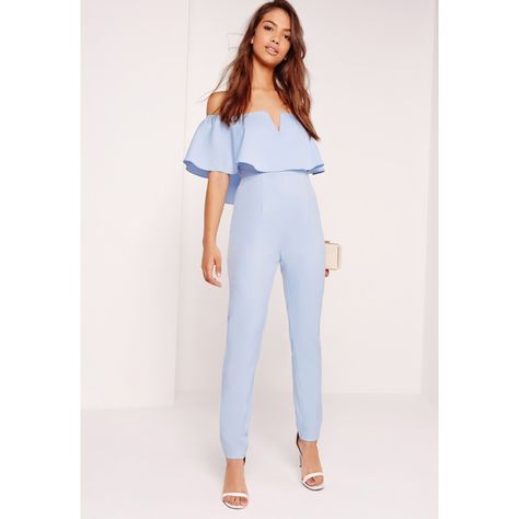 Missguided Crepe Bardot Frill Detail (£42) ❤ liked on Polyvore featuring blue Blue Jumpsuit Outfit Wedding, Blue Jumpsuit Outfit, Blue Jumpsuits Outfit, Jumpsuit Bridesmaid, Jumpsuit Outfit Wedding, Light Blue Jumpsuit, Competition Outfit, Bridesmaid Colors, Blue Jumpsuit