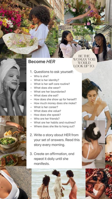 A list of questions and actions steps to help woman become their ideal best self. Estilo Rachel Green, Mindfulness Journal Prompts, Self Care Bullet Journal, Writing Therapy, Vie Motivation, Vision Board Inspiration, Get My Life Together, Self Confidence Tips, Best Version Of Yourself