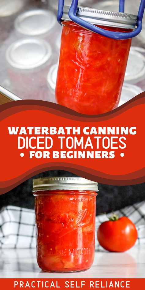 A Ball canning mason jar filled with diced and crushed tomatoes being pulled out of a water bath canner for long-term food preservation. Tomato Recipes For Canning, Canning Tomatoes Water Bath, Canning Fruit Recipes, Recipes With Diced Tomatoes, Preserve Tomatoes, Recipes For Canning, Preserving Fruit, Canning Tomatoes Recipes, Water Bath Canning Recipes