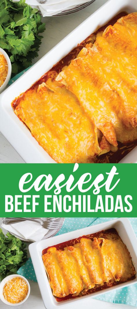 Easiest Homemade Beef Enchiladas Ever! This main dish recipe takes minutes to make. www.thirtyhandmadedays.com Cheater Enchiladas, Easy Beef Enchiladas, Beef Enchilada Recipe, Enchiladas Recipe, Beef Enchiladas, Mexican Food Recipes Easy, Homemade Beef, Enchilada Recipes, Fool Proof