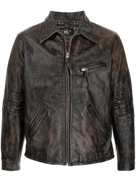 Ralph Lauren RRL Zipped Leather Jacket - Farfetch Ralph Lauren Leather Jacket, Leather Jacket Brown, Versace Designer, Ralph Lauren Leather, Flat Collar, Balenciaga Triple S, Brown Leather Jacket, Summer Beach Wear, Leather Jacket Men