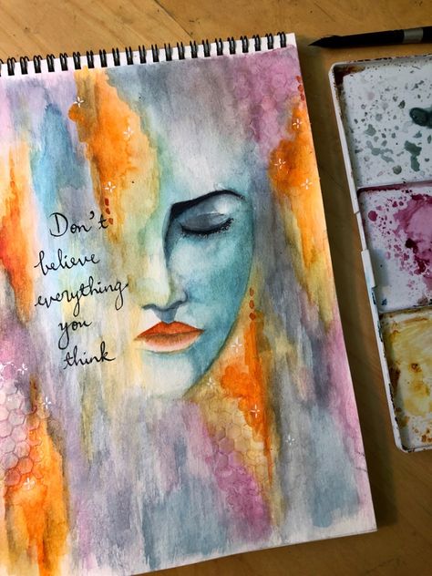 Don’t believe everything you think Emotional Watercolor Paintings, Abstract Portrait Painting Faces, Art Inspiration Watercolor, Dragon Abstract, Mixed Media Faces, Abstract Portrait Painting, Portrait Watercolor, Abstract Face Art, Art Female