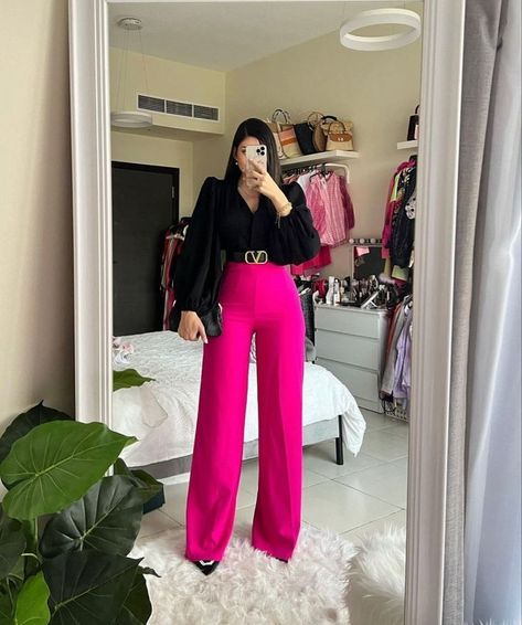 How To Style Pink Trousers Women, Pink Wide Leg Pants Outfit High Waist, Hot Pink Slacks Outfit, Pink Dress Pants Outfit Business Casual, Pink Silk Pants Outfit, Pink Formal Pants Outfit, Formal Wide Leg Pants Outfit, Pink Work Pants Outfit, Pink Slacks Outfit Work