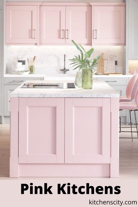 The color pink gives the room something friendly and playful. Pink candles, tea towels with pink print motifs or soft cushions in old rose enhance the feel-good ambience. And form the ideal basis for cozy relaxation in the country kitchen. #kitchenideas #kitchenfarmhouse #kitchenremodel #kitchenblack Pink Airbnb, Pink And Grey Kitchen, Pink Kitchen Cabinets, Pink Kitchens, Pink Cabinets, Pink Kitchen Decor, Interior Design Per La Casa, Pink Home Decor, Pink House