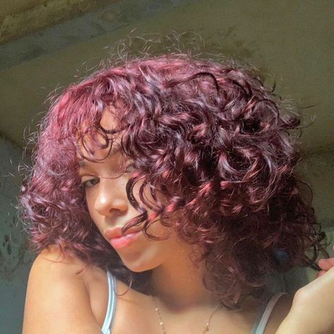 Red Violet Curly Hair, Purple Red Hair Curly, Maroon Hair Curly, Red Purple Curly Hair, Short Curly Burgundy Hair, Short Curly Hair Red Highlights, Curly Dyed Hair Natural Curls Red, Curly Plum Hair, Curly Hair Red Dye