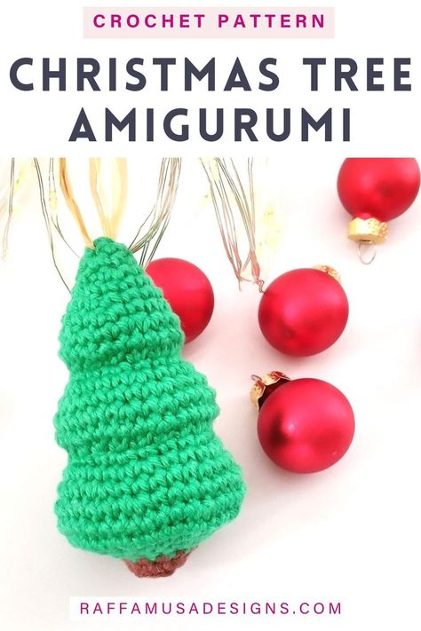 a picture showing a crocheted little fir tree Amigurumi ornament among red Christmas baubles and Christmas lights Christmas Tree Amigurumi, Tree Amigurumi, Holiday Crochet Patterns, Crochet Tree, Crochet Christmas Gifts, Mini Hat, Crochet Christmas Trees, Holiday Crochet, Crochet Christmas Ornaments