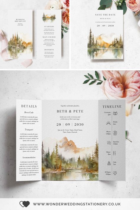 Autumn Mountains Gatefold Wedding invitations Trees Wedding Invitation, Aquarelle Wedding Invitation, Watercolour Wedding Invite, Creative Invitation Card, Fall Lake Wedding, Landscape Invitation, Lake Wedding Invitations, Autumn Wedding Invitations, Gatefold Wedding Invitations