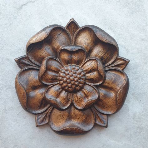 Tudor Rose Wood Carving English Yorkshire Carved Rosette Decor | Etsy Tudor Flower, Porch Skirt, Cupboard Decoration, Tudor Decor, Fireplace Cabinet, Wood Rosettes, Carved Rosettes, Animals With Horns, Mantel Fireplace