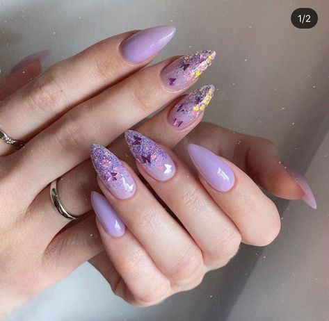 Pink And Purple Nails Almond, Almond Lilac Nails, Lavender And Pink Nails, Lilac Almond Nails, Quinceañera Planning, Future Nails, Summer Nails 2023, Purple Glitter Nails, Holloween Nails