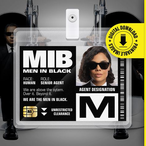 FAN ART - NOT OFFICIALLY LICENSED MERCHANDISE 👽 Unleash Your Inner Agent! 👽 Transform into a stylish Men in Black agent with our MIB ID Badge Card, perfect for Halloween, cosplay, or MIB themed parties! This professionally designed, high-quality printable PDF file allows you to print your very own MIB identification badge with ease. 🚀 What You'll Receive: One (1) Printable PDF file for the MIB ID Badge Card Card size: 2.375 inches x 3.375 inches (6 cm x 8.5 cm) 🛸 Instant Download: Upon purch Men In Black Theme Party, Men In Black Badge, Mib Id Card, Mib Badge, Mib Costume, Men In Black Halloween, Men In Black Costume, Black Party Decorations, Halloween Parejas