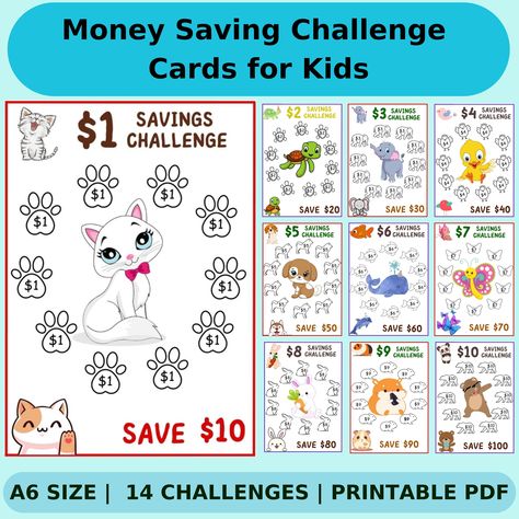 Help the kids in your life learn how to save with this awesome set of 14 kid-friendly savings challenge printables! Your Little Ones simply color in the fun icon on each savings challenge as they save that amount of money, and these fit perfectly into an A6 sized cash binder! 5 Dollar Challenge Savings Plan, Kids Savings Challenge, Savings Challenge For Kids, Kids Savings Plan, Easy Savings Challenge, Defi Budget, Kids Saving Money, Cash Binder, Mini Savings Challenge