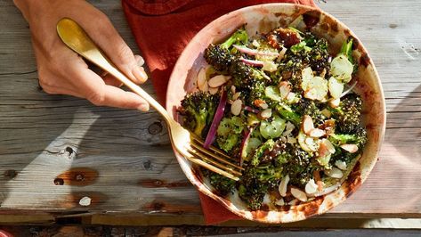 Charred Broccoli Salad with Almonds and Spicy Green Goddess Charred Broccoli Salad, Salad With Almonds, Charred Broccoli, Roast Fish, Meringue Pie Recipes, Best Cookbooks, Summer Cooking, Lemon Meringue Pie, Meringue Pie