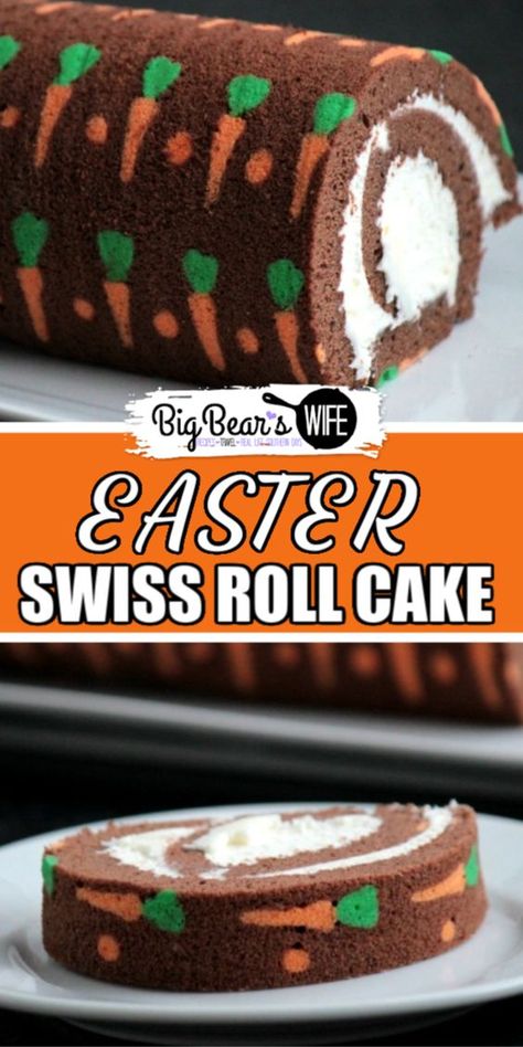 Easter Cake Roll With Cream Cheese, Easter Jelly Roll Cake, Easter Roulade, Easter Cake Roll Recipes, Cake Rolls With Box Cake, Easter Swiss Roll Cake, Carrot Shaped Cake, Easter Roll Cake, Easter Swiss Roll