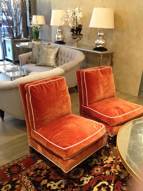 Interior Design Fashion, Orange Chair, Lillian August, Fun Furniture, Slipper Chairs, Art Lifestyle, Orange Velvet, Deep Orange, Sitting Pretty