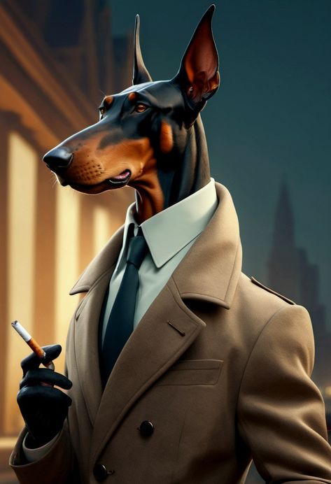 a dog in a suit smoking a cigarette, digital painting Animal In Suit, Dog In A Suit, Dog In Suit, Animal Sculpture, Rain Photography, Animal Sculptures, Doberman, African Dress, Animal Paintings