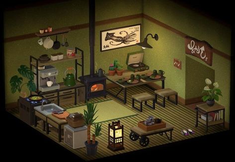 Acnh Japanese Kitchen, Acnh Tearoom, Acnh Cheats, Acnh Japanese House, Acnh Kitchen, Japanese Kitchen Ideas, Acnh Interior, Japanese Town, Spring Interiors