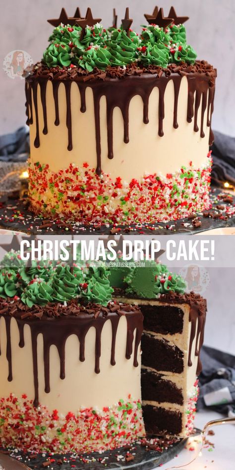 A four-layer spiced chocolate Christmas drip cake with american buttercream frosting, chocolate drip and more! The best festive showstopper. Christmas Drip Cake, Buttercream Frosting Chocolate, American Buttercream Frosting, Drip Cake Recipes, Showstopper Cakes, Frosting Chocolate, Janes Patisserie, American Buttercream, Milk Chocolate Ganache