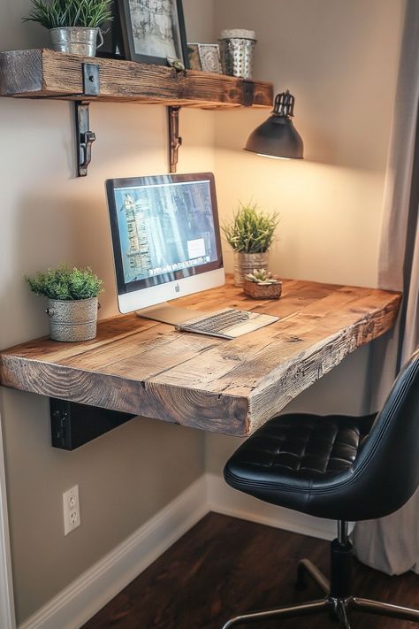 "Create a cozy workspace with a DIY Rustic Wood Floating Desk! 🪵✨ Perfect for small spaces, this project combines style and function, adding a rustic charm to your home office. Get crafting and make work-from-home more enjoyable! 🏡💼 #RusticDecor #DIYDesk #HomeOffice" Rustic Desk Ideas, Floating Desk Diy, Cabin Desk, Floating Office Desk, Kitchen Office Nook, Rustic Home Office Ideas, Rustic Kids Rooms, Bedroom Office Combo, Kids Room Desk