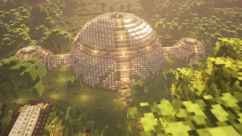 Minecraft Glass Dome, Minecraft Glass House, Casas Mine, Fairy Minecraft, Minecraft Dome, Minecraft Greenhouse, Minecraft Base, Minecraft Idea, Minecraft Village