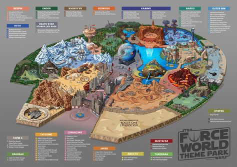 Force World fan concept for Star Wars theme park Theme Park Map, Star Wars Land, Indoor Amusement Parks, Star Wars History, Planet Coaster, مركز ثقافي, The Europe, Fantasy World Map, Disney Imagineering