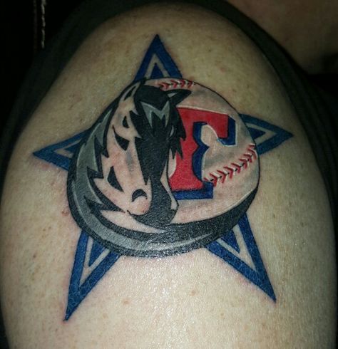 Tattoo Mavericks, Rangers, Cowboys for the husband Texas Rangers Tattoo, Rangers Tattoo, Texas Tattoos, Tattoo Sleeves, Dallas Mavericks, Sports Teams, Texas Rangers, Dallas Cowboys, I Tattoo