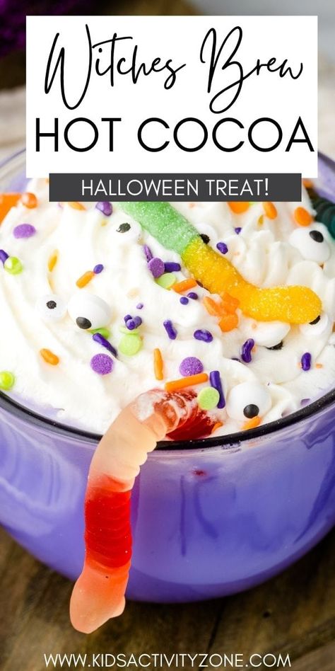 Halloween Crockpot Hot Chocolate, Witches Brew Hot Chocolate, Purple Hot Chocolate, Colored Hot Chocolate, Halloween Hot Chocolate Bar Ideas, Halloween Hot Cocoa Bar Ideas, Halloween Themed Coffee Recipes, Purple Halloween Snacks, Witches Desserts