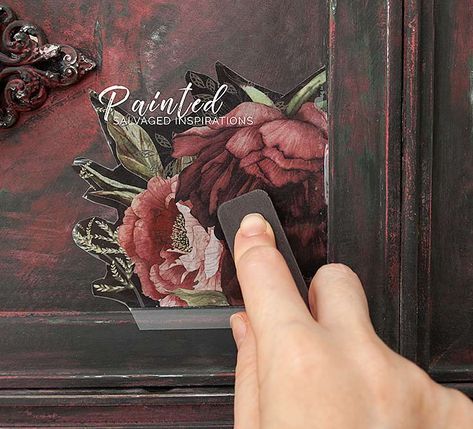 Applying these rub on furniture transfers is really easy to do.My inspiration for this radio cabinet was this gorgeous floral transfer by Re-Design with Prima Marketing. It's called 'Dark Rose' and has beautiful tones with a sophisticated moody vibe. Salvaged Inspirations, Furniture Transfers, Dresser Redo, Furniture Design Inspiration, Furniture Appliques, Decoupage Furniture, Prima Marketing, Dark Rose, Painted Chairs