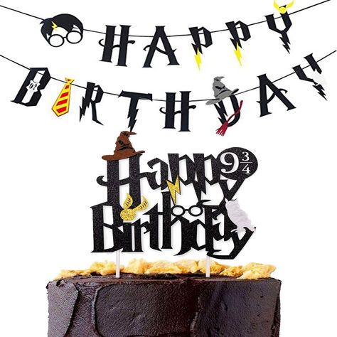 PRICES MAY VARY. ✔Package Includes: 1 glitter harry potter inspired happy birthday cake topper & 1 potter inspired happy birthday banner ✔Party Supplies Size: Each designed letter is approx 5.5"- 8.5"， Each ribbon is approx 7 feet. Birthday topper measures 6" x 9" ✔Features: Birthday cake topper made of double sided heavy black glitter gold cardstock,it is real glitter.not just for cake decor,but hang it or as well ✔Home Deco: Perfect additions for Wizard Party Supplies decoration. ✔Most Childre Harry Potter Happy Birthday, Harry Potter Happy, Gateau Harry Potter, Happy Birthday Harry Potter, Baby Shower Garcon, Harry Potter Printables Free, Harry Potter Bday, Wizard Party, Harry Potter Printables