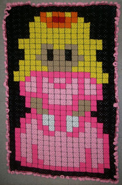 Princess Peach Granny Square Blanket by *BardicKitty on deviantART 8 Bit Crochet, Granny Square Ideas, Pixel Crochet Blanket, Sunburst Granny Square, Character Blankets, Crochet Princess, Crochet Blanket Afghan, Pixel Crochet, Crochet Quilt