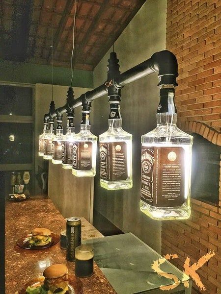 Whiskey Bottle Crafts, Liquor Bottle Lights, Diy Bottle Lamp, Codes Wallpaper, Man Cave Lighting, Man Cave Ideas, Jack Daniels Bottle, Liquor Bottle Crafts, Decals Codes